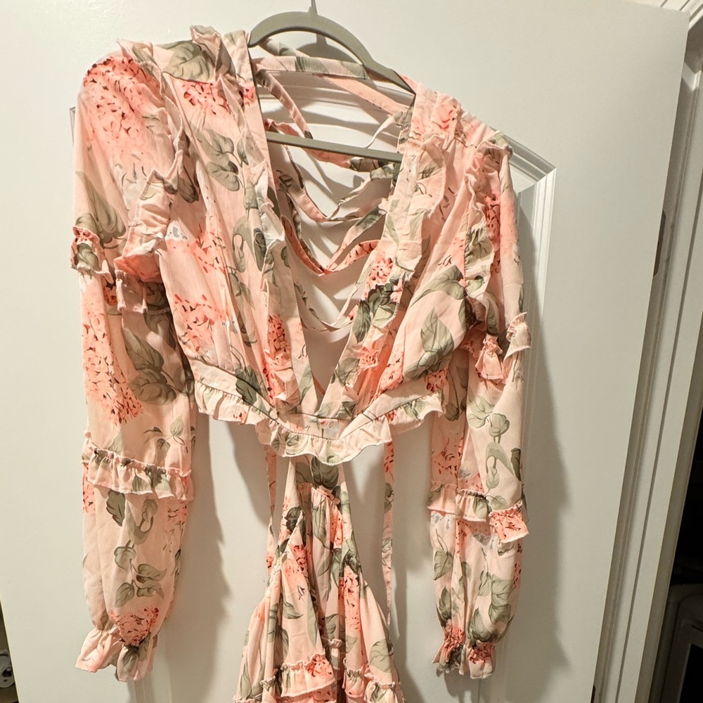 Floral Pink Long Sleeve Maxi Dress with V-Neck